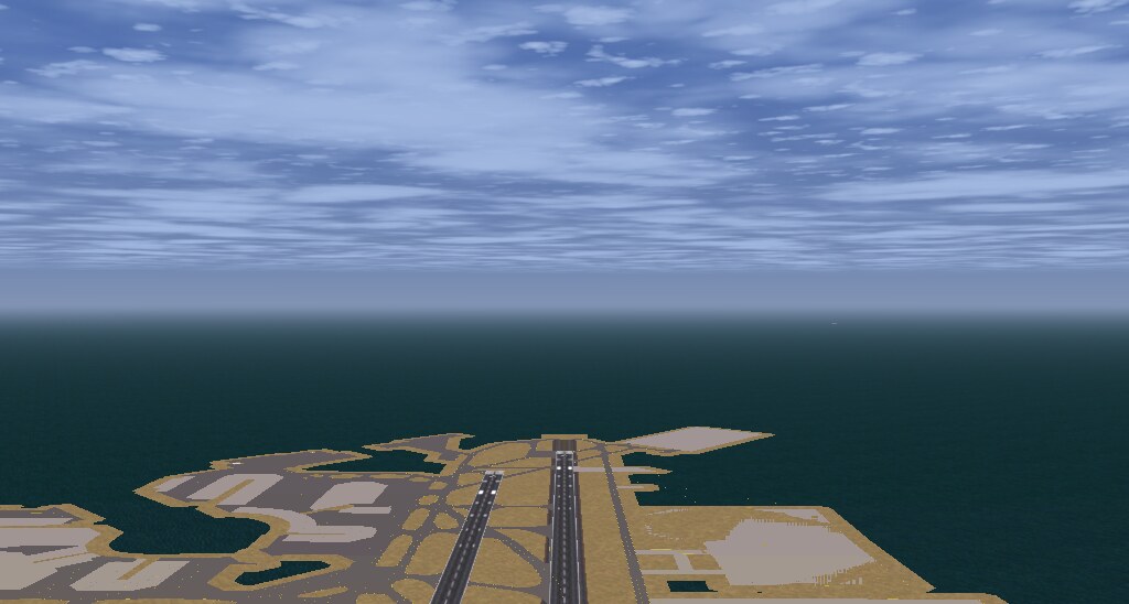 The same view after a build with elevation and airports but no
land cover: the runway surfaces sit on an otherwise unbroken expanse
of water.