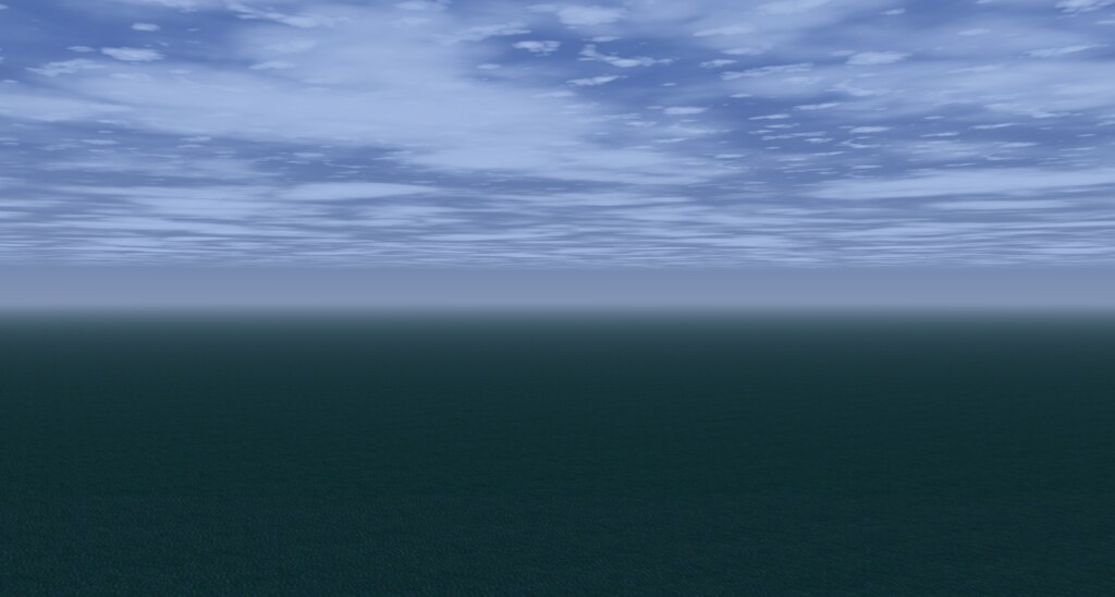 FlightGear at San Francisco with no scenery installed: the aircraft
sits on open water under an empty horizon.