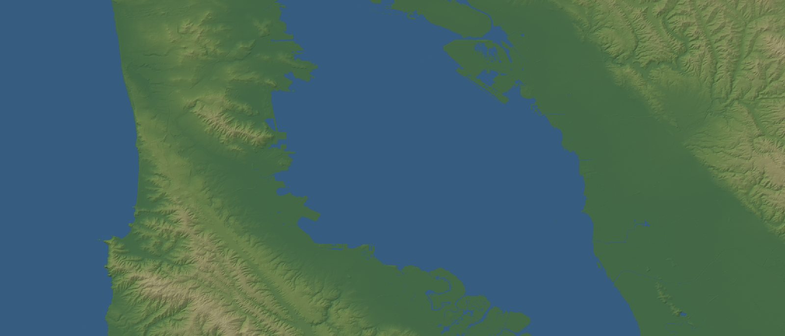 Shaded relief of San Francisco Bay: the peninsula on the left, the bay
in the centre, the East Bay hills on the right.
