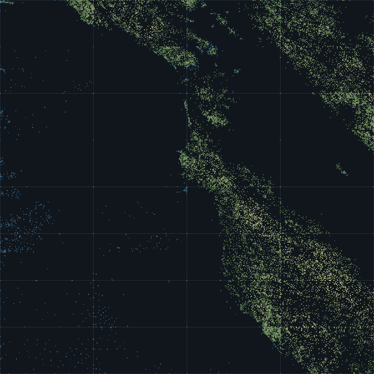 Scatter of fitted terrain nodes over one degree square. The ocean on
the left is nearly empty; nodes crowd along the coastline and the ridges.